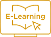 Line art icon of a book with the text e-learning across it